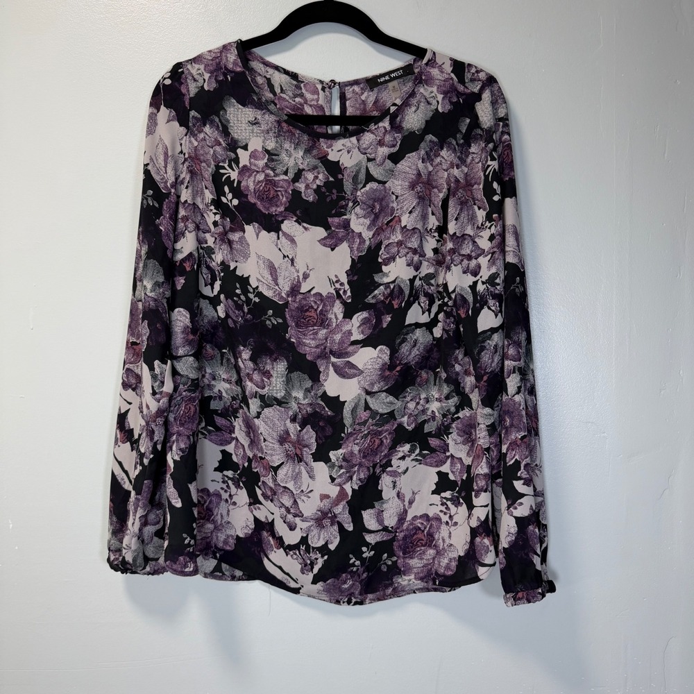 Nine West Womens Purple Black Floral Long Sleeve Keyhole Back Blouse Size M